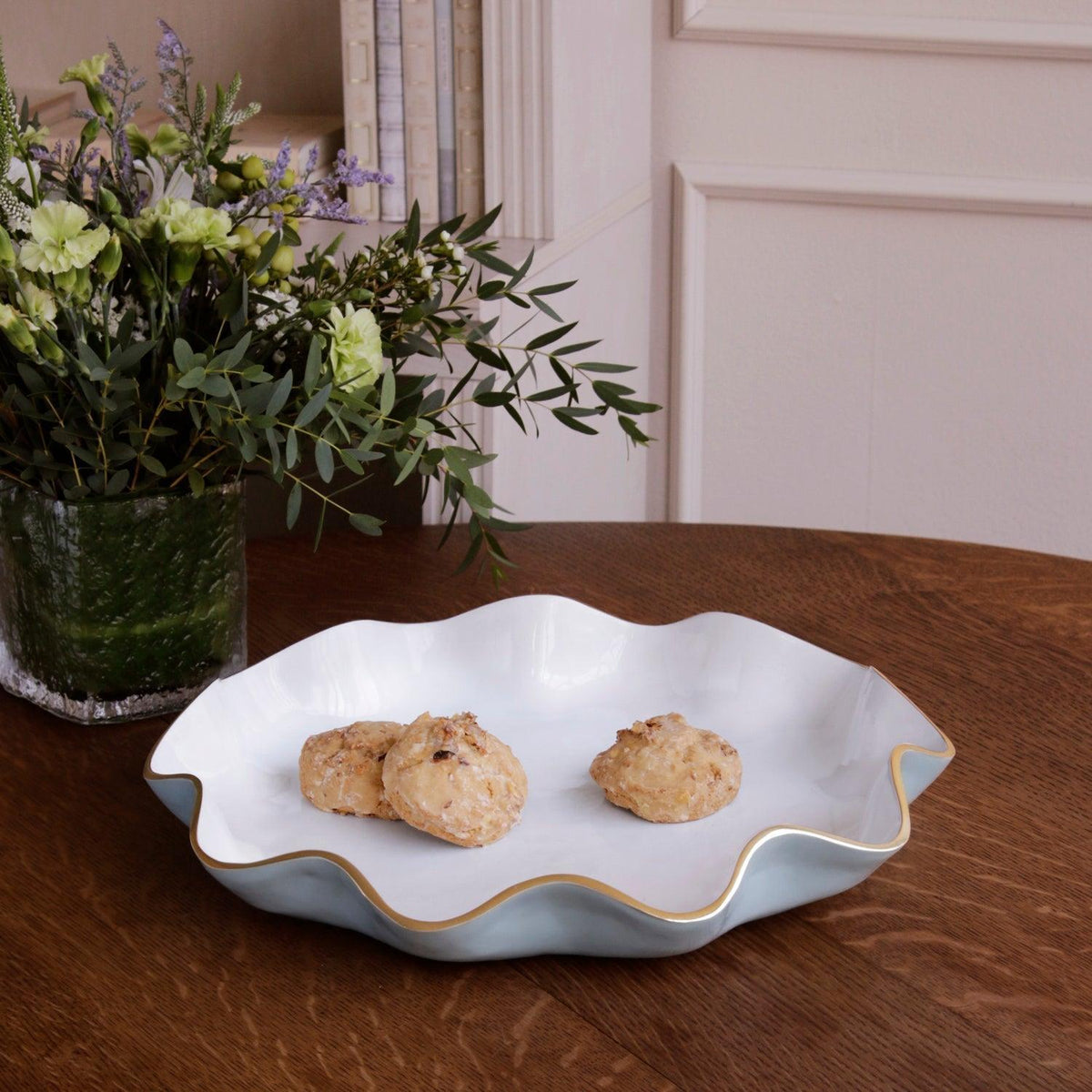 Slate Blue & White Large Round Scalloped Platter