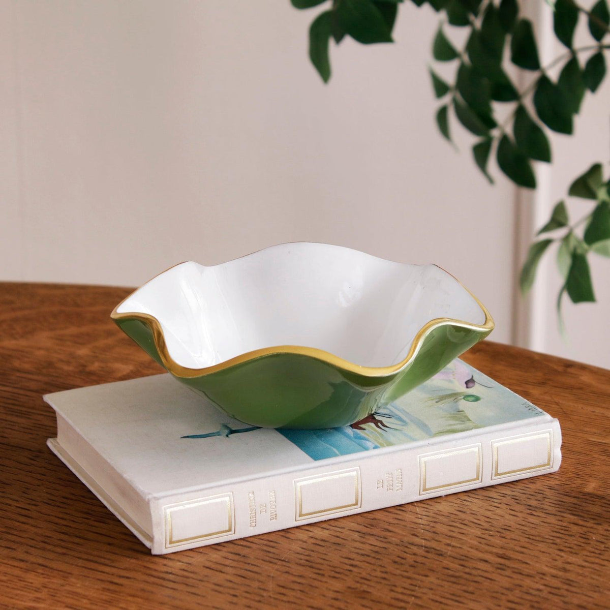Encanto Carola Small Round Bowl Leaf Green White - Bowl Top View | Bone & Brass