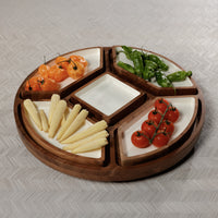 Acacia Wood Lazy Susan Serving Tray with 5 Condiment Sections - Tray Detail | Bone & Brass