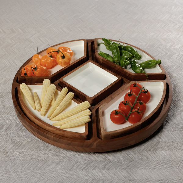 Acacia Wood Lazy Susan Serving Tray with 5 Condiment Sections - Tray Detail | Bone & Brass