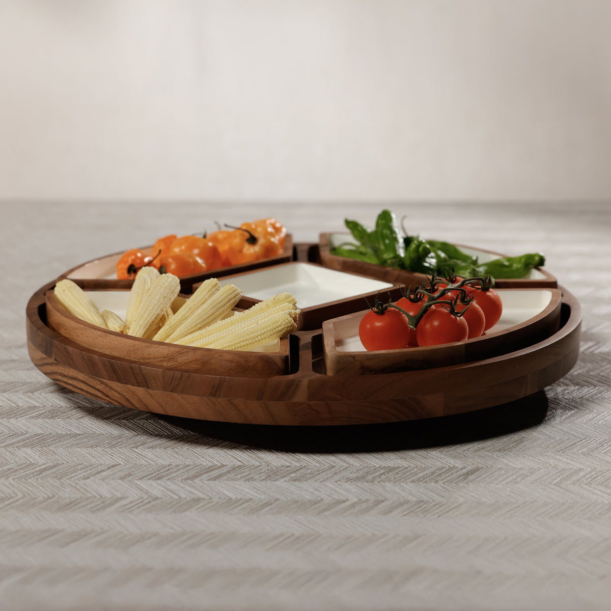 Acacia Wood Lazy Susan Serving Tray with 5 Condiment Sections - Tray Top View | Bone & Brass