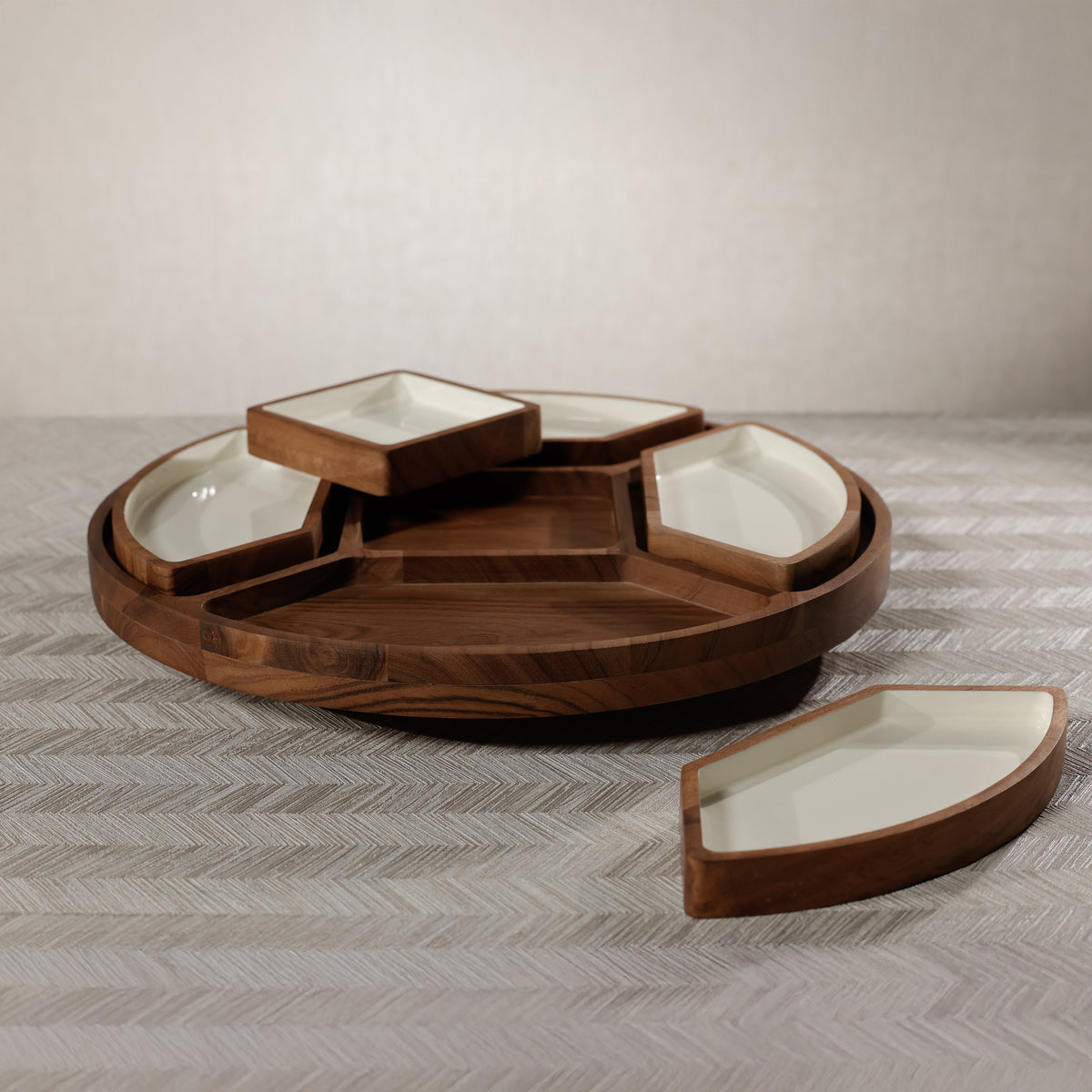 Acacia Wood Lazy Susan Serving Tray with 5 Condiment Sections - Tray Side View | Bone & Brass