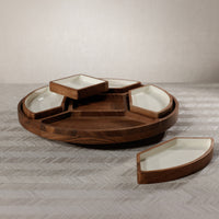 Acacia Wood Lazy Susan Serving Tray with 5 Condiment Sections - Tray Side View | Bone & Brass
