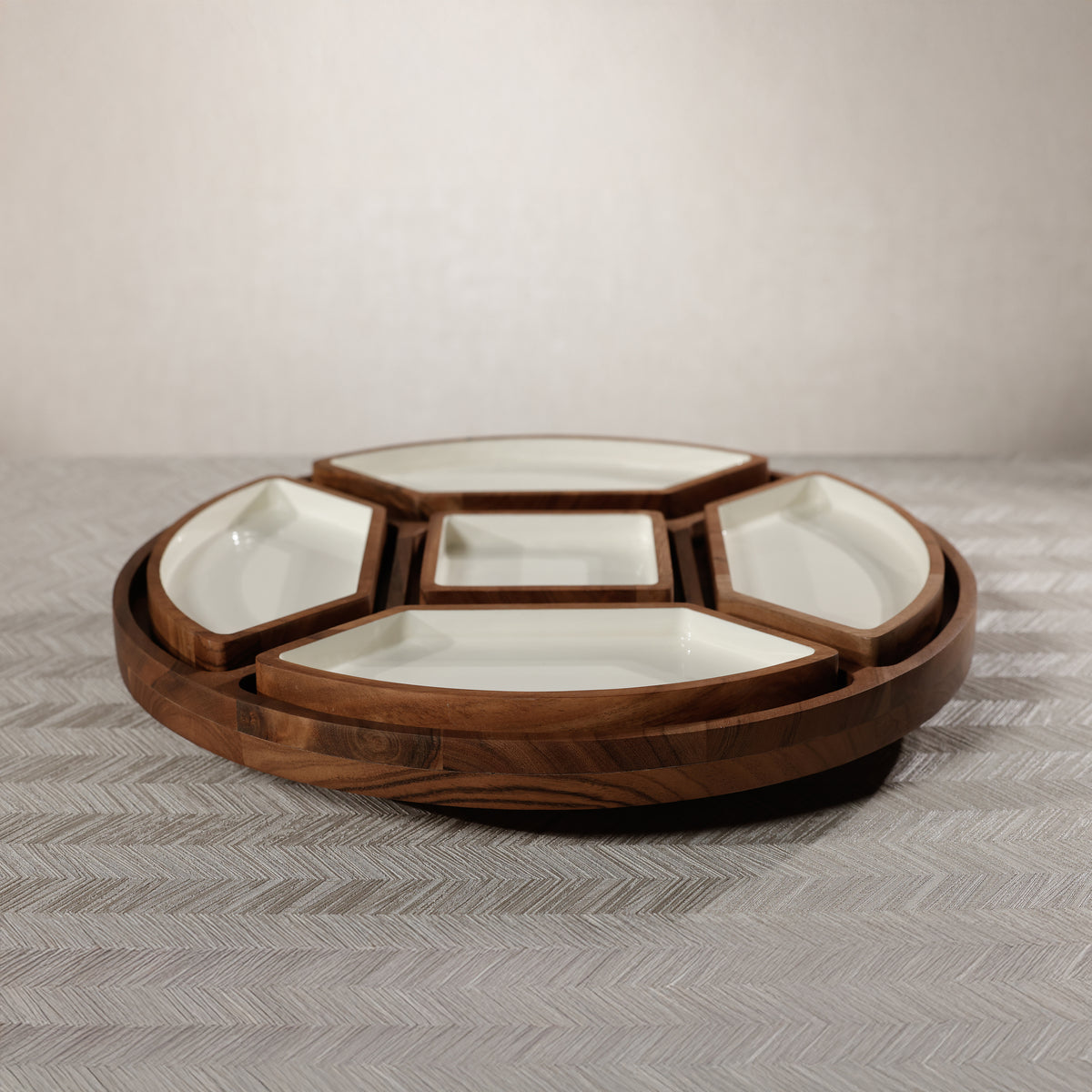 Acacia Wood Lazy Susan Serving Tray with 5 Condiment Sections - Tray Detail | Bone & Brass