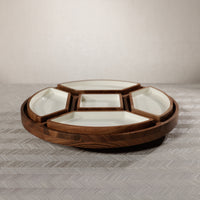 Acacia Wood Lazy Susan Serving Tray with 5 Condiment Sections - Tray Detail | Bone & Brass