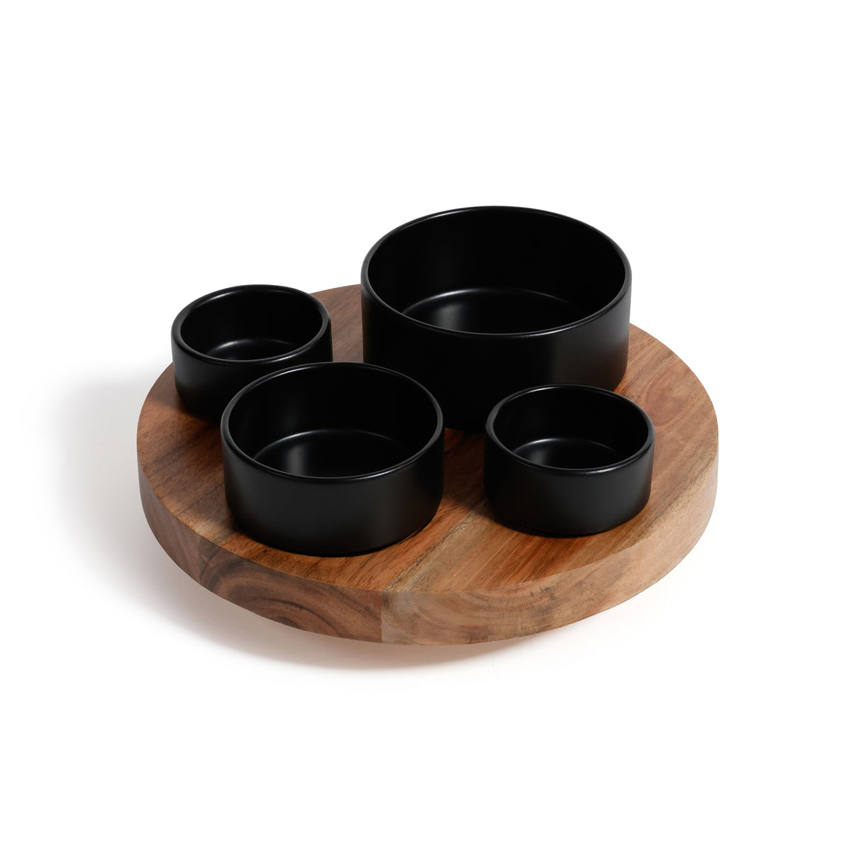 Acacia Wood Lazy Susan with 4 Condiment Bowls - Bowl Side View | Bone & Brass