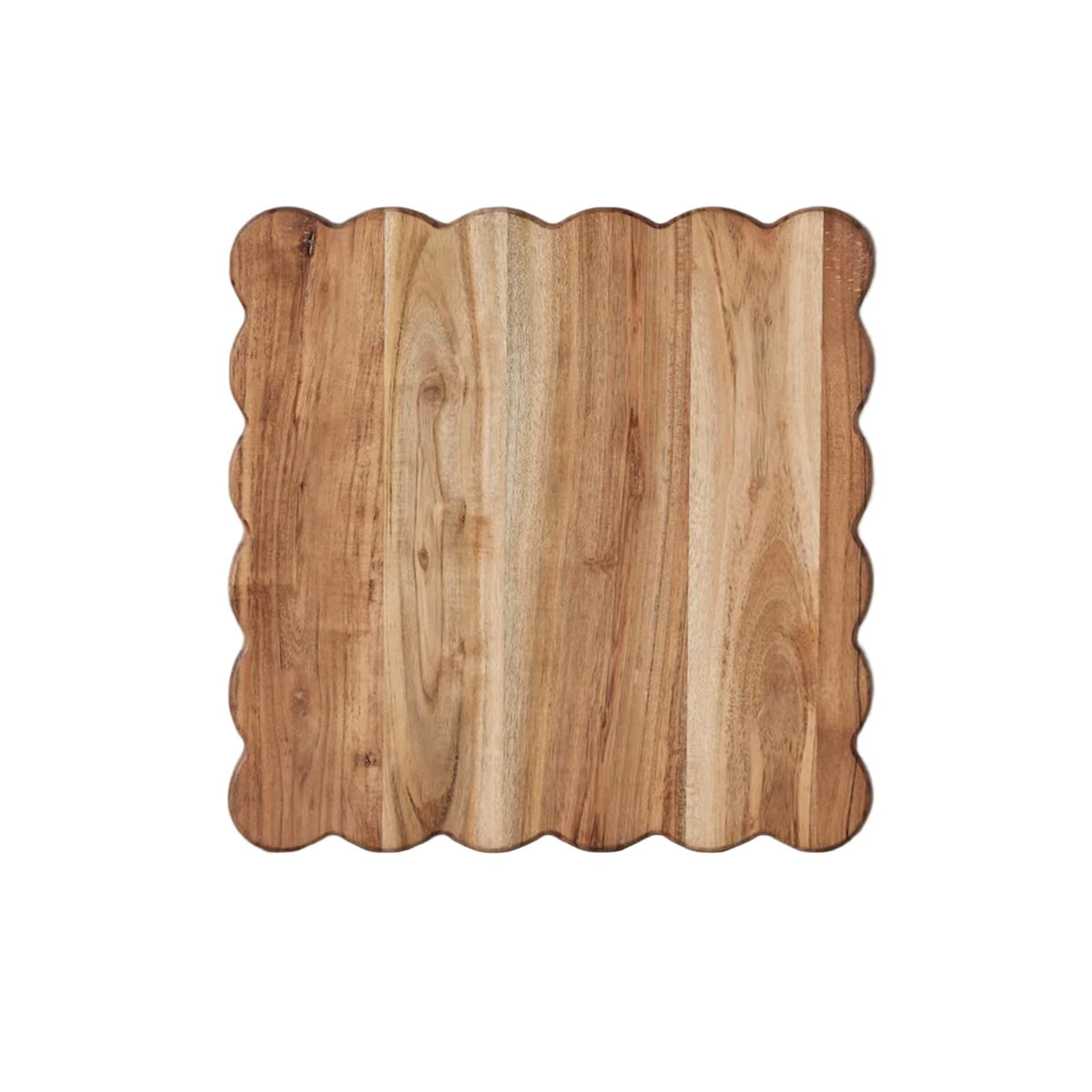 Square acacia wood cutting board with elegant scalloped edges, natural wood grain.