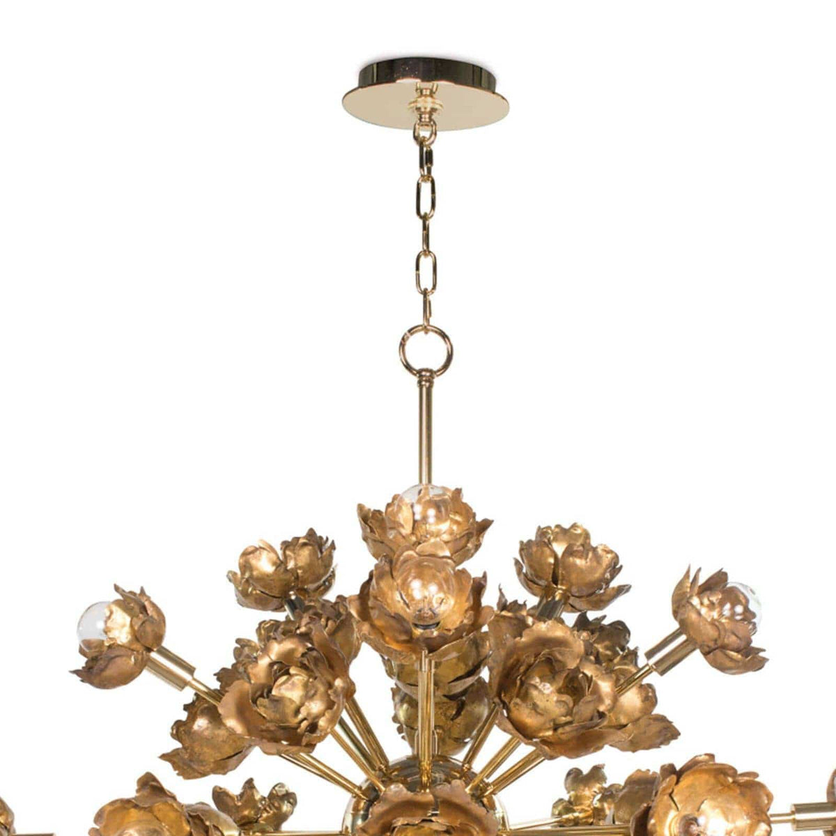 Adeline Chandelier: Gold blossom-like accents, abstract floral design, 32"H x 33"W.