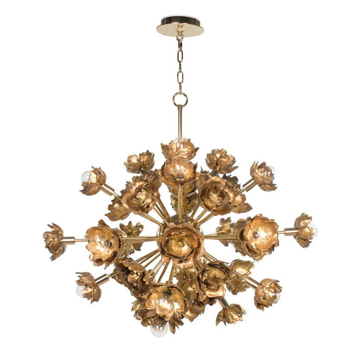 Adeline Chandelier: Gold blossom-like accents form an abstract, modern chandelier with 22 bulbs.