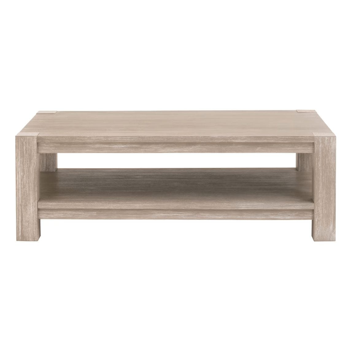 Adler natural gray acacia coffee table with a spacious top and lower storage shelf.