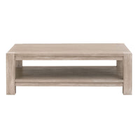Adler natural gray acacia coffee table with a spacious top and lower storage shelf.