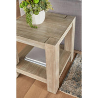 Adler natural gray acacia wood end table with a wood veneer top, lower storage shelf, and transitional style.