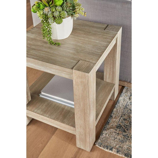 Adler natural gray acacia wood end table with a wood veneer top, lower storage shelf, and transitional style.