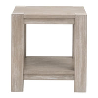 Adler natural gray acacia end table with wood veneer top and lower storage shelf.