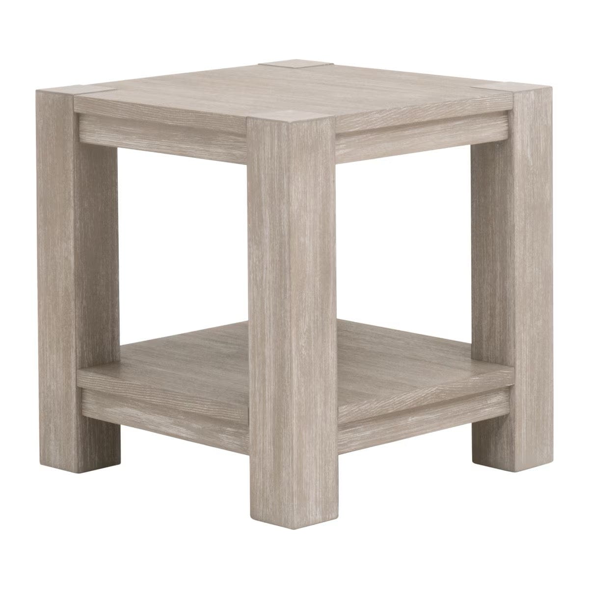 Adler natural gray acacia end table with wood veneer top and lower storage shelf.