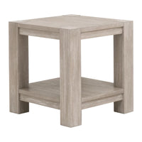 Adler natural gray acacia end table with wood veneer top and lower storage shelf.