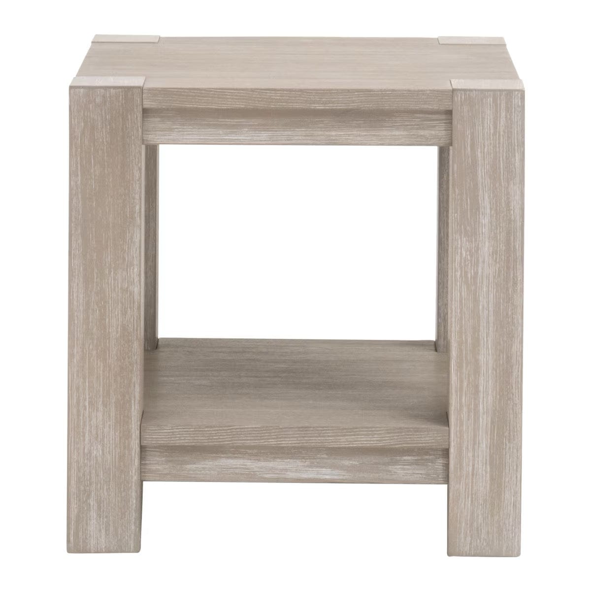 Adler natural gray acacia end table with wood veneer top and lower storage shelf.