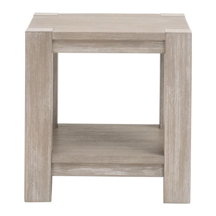 Adler natural gray acacia end table with wood veneer top and lower storage shelf.