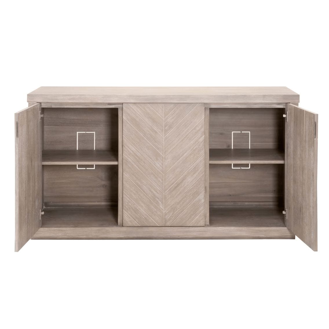 Adler natural gray acacia media sideboard with chevron doors and open interior shelves.
