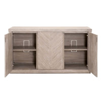Adler natural gray acacia media sideboard with chevron doors and open interior shelves.