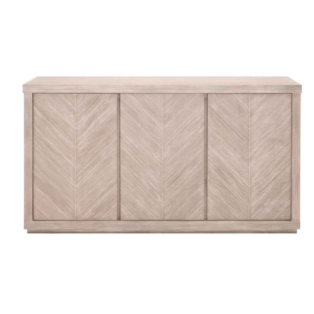Adler natural gray acacia media sideboard with chevron doors and three cabinets.