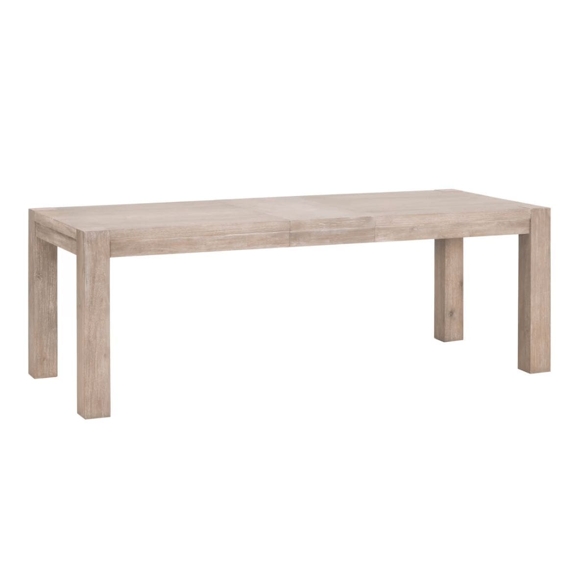 Adler Natural Gray Extension Dining Table, made of textured acacia wood with two removable leaves.