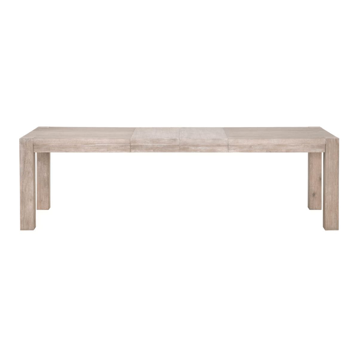 Adler natural gray acacia wood extension dining table with textured finish and two leaves.