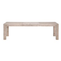 Adler natural gray acacia wood extension dining table with textured finish and two leaves.