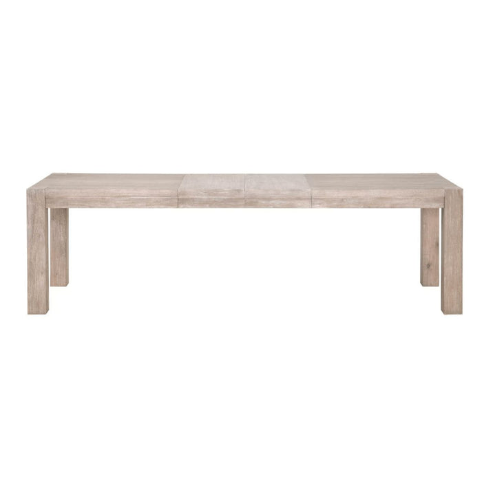 Adler natural gray acacia wood extension dining table with textured finish and two leaves.