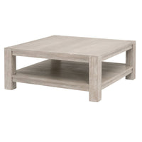 Adler square coffee table with natural gray distressed wood finish and lower storage shelf.