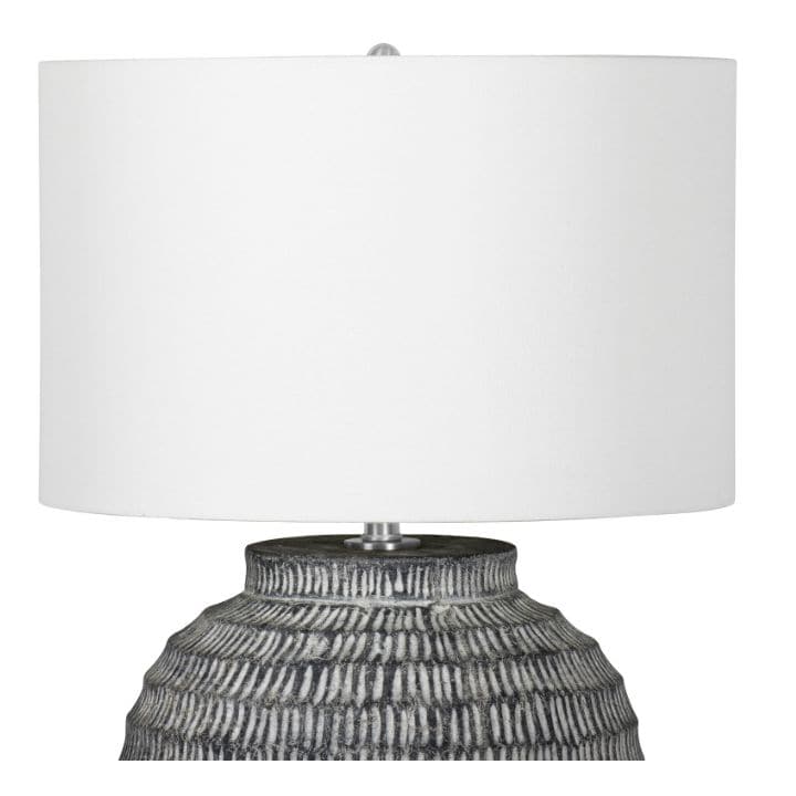 Large Adobe Ceramic Table Lamp with hand-scribed chisel marks and a white linen shade.