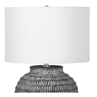 Large Adobe Ceramic Table Lamp with hand-scribed chisel marks and a white linen shade.