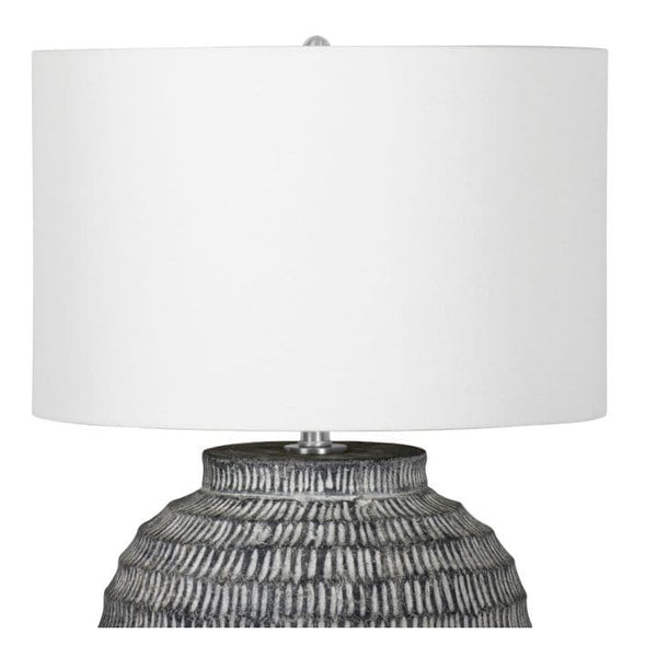 Large Adobe Ceramic Table Lamp with hand-scribed chisel marks and a white linen shade.