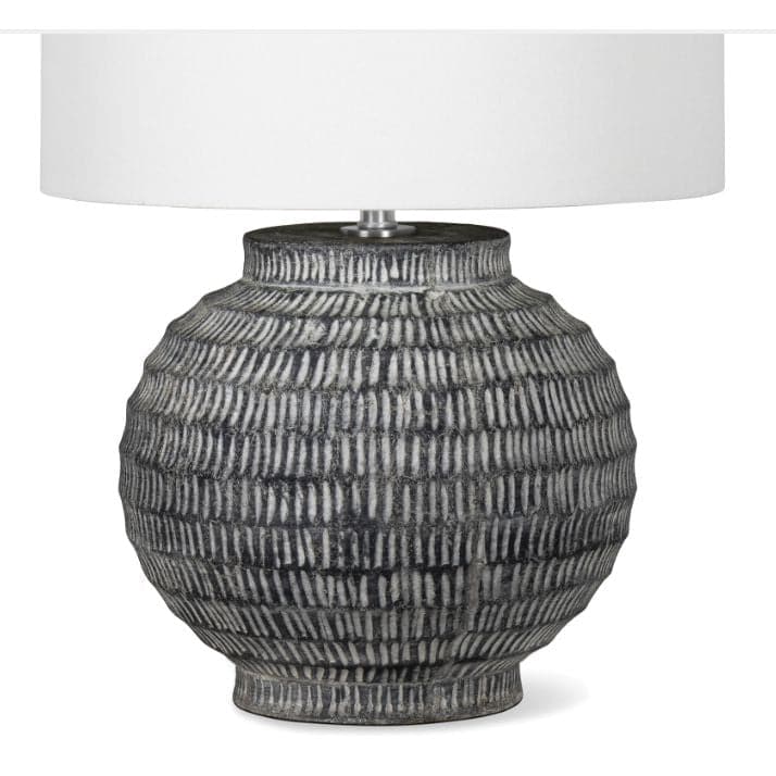 Large Adobe Ceramic Table Lamp with hand-scribed chisel marks, natural color palette, and a white linen shade.