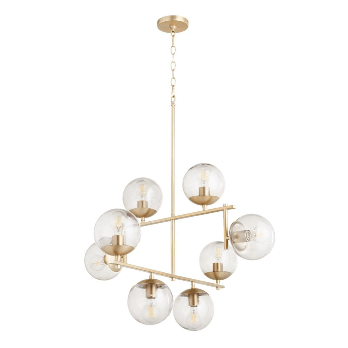 Aiden Aged Brass Globe Chandelier with eight clear spherical glass lights on gilded linear frames.