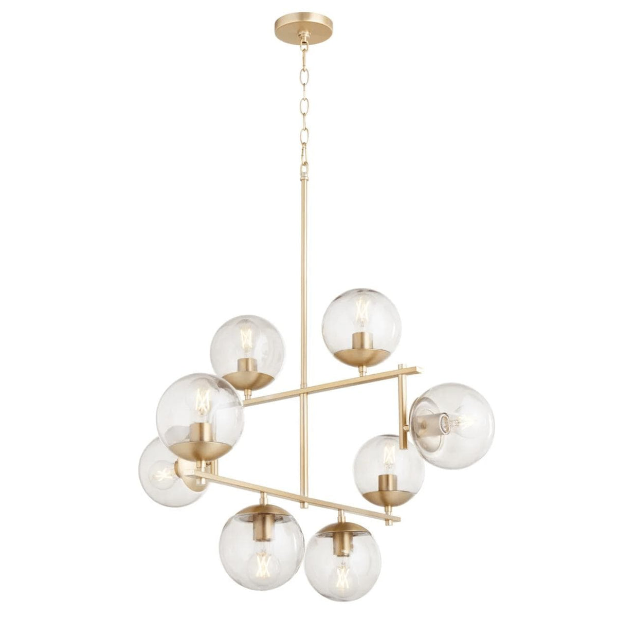 Aiden Aged Brass Globe Chandelier with eight clear spherical glass lights on gilded linear frames.