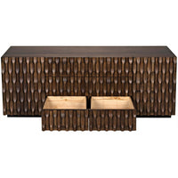 Dark walnut sideboard with hand-carved details, two open drawers, and spacious cupboards.