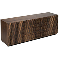 Dark walnut sideboard with hand-carved wavy details and three central drawers.