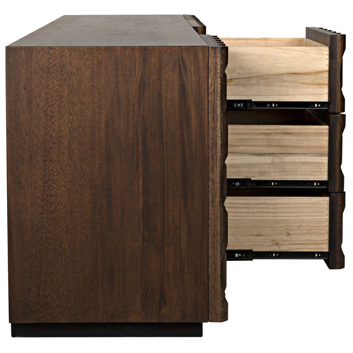 Alameda Carved Dark Walnut Sideboard with open drawers, showcasing hand-carved details and dark stained finish.