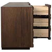 Alameda Carved Dark Walnut Sideboard with open drawers, showcasing hand-carved details and dark stained finish.
