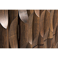Close-up of Alameda carved dark walnut sideboard with hand-carved leaf details and dark stained finish.