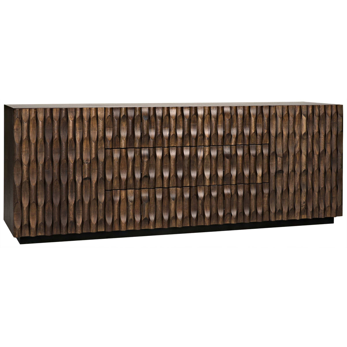 Alameda Dark Walnut Sideboard, 43.5"W, with hand-carved wavy details, three drawers, and two cupboards.