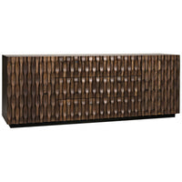Alameda Dark Walnut Sideboard, 43.5"W, with hand-carved wavy details, three drawers, and two cupboards.