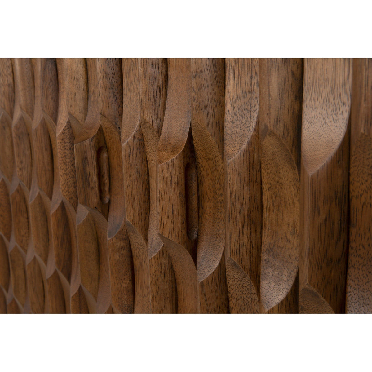 Close-up of Alameda Carved Dark Walnut Sideboard, showing hand-carved, textured wood details.