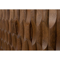 Close-up of Alameda Carved Dark Walnut Sideboard, showing hand-carved, textured wood details.