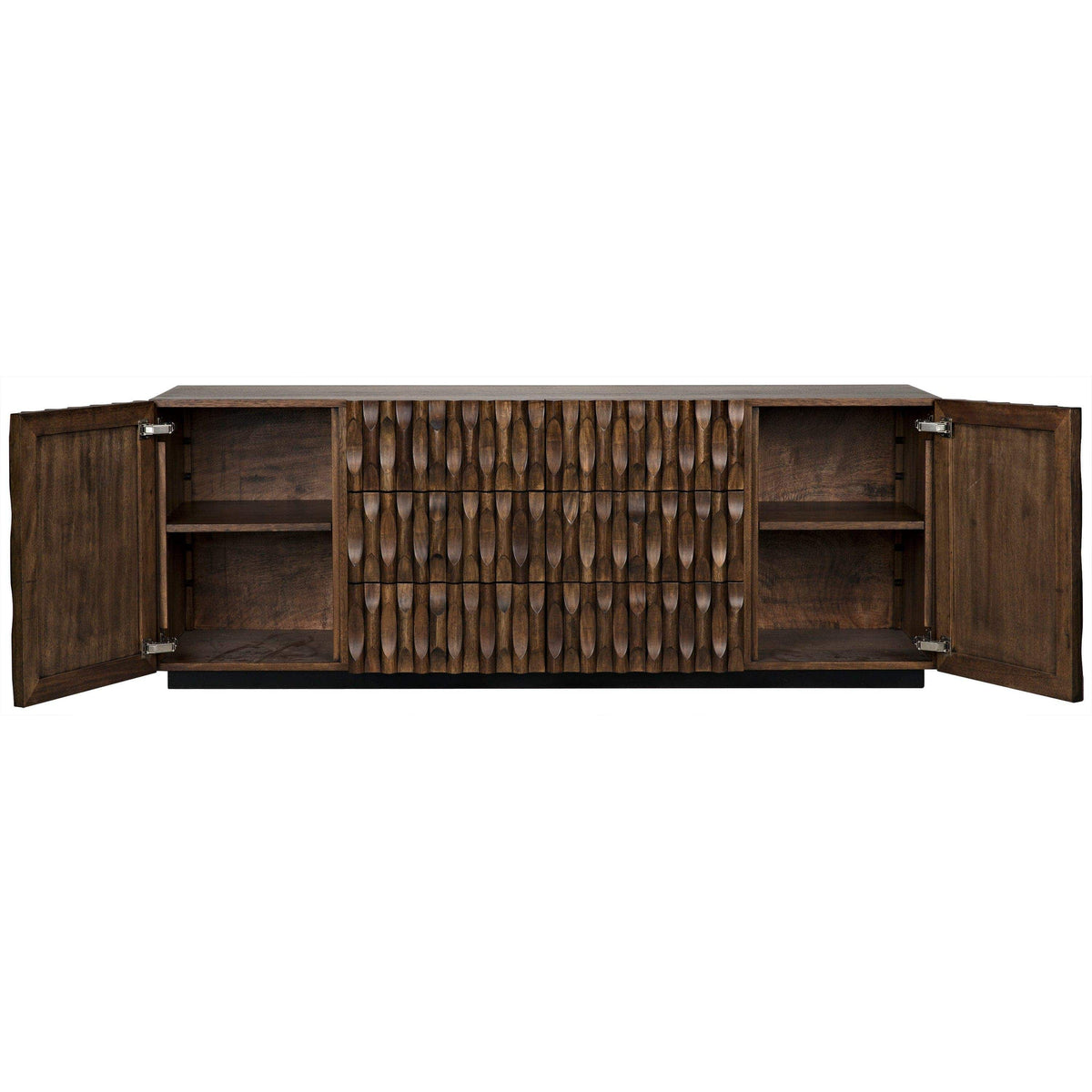 Alameda Carved Dark Walnut Sideboard with open doors revealing shelves and three central drawers.