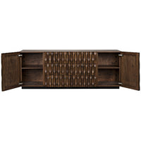 Alameda Carved Dark Walnut Sideboard with open doors revealing shelves and three central drawers.