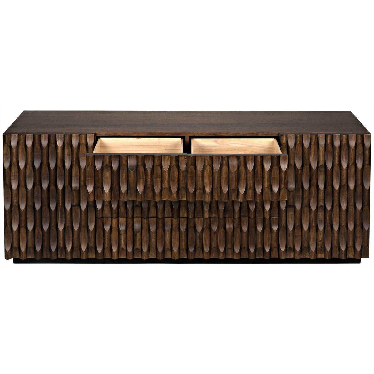 Dark walnut sideboard with hand-carved details, two open drawers, and a textured finish.