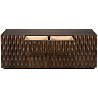 Dark walnut sideboard with hand-carved details, two open drawers, and a textured finish.