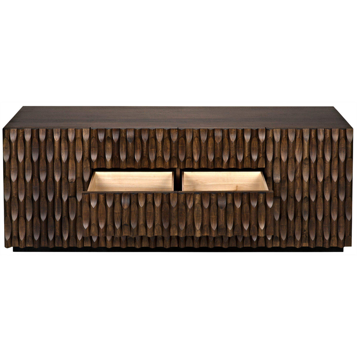 Alameda dark walnut sideboard with hand-carved details and two open drawers.